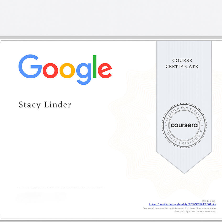 Stacy Linder Google Digital Marketing & E-commerce certificate awarded to Stacy Linder through Coursera, showcasing official completion of a certified training program in online business strategy and marketing.
